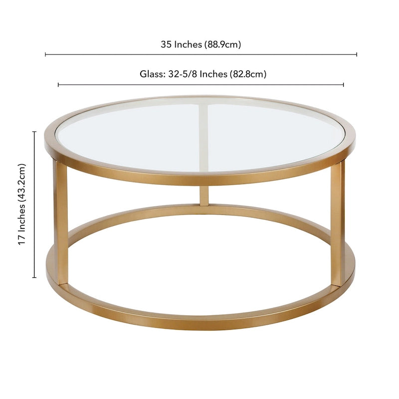 Table basse ronde avec plateau en verre trempé et cadre en acier finition laiton