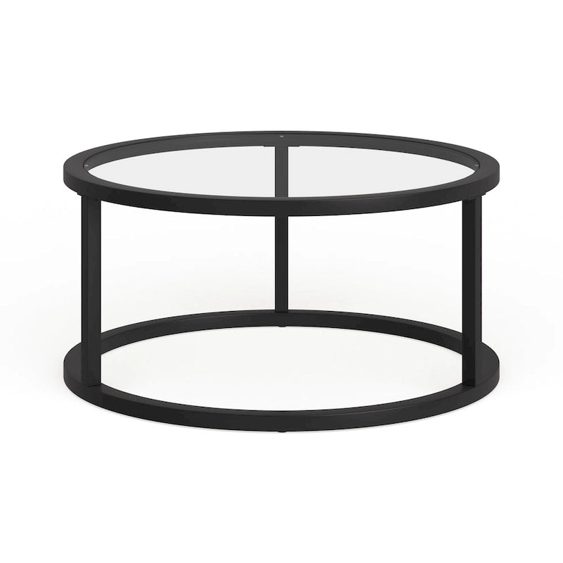 Table basse ronde avec plateau en verre trempé et cadre en acier finition laiton