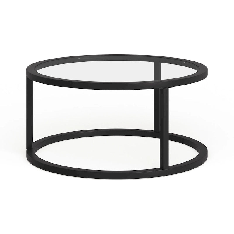 Table basse ronde avec plateau en verre trempé et cadre en acier finition laiton