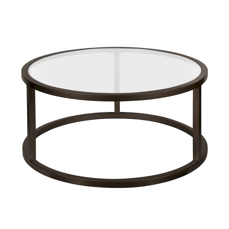 Table basse ronde avec plateau en verre trempé et cadre en acier finition laiton