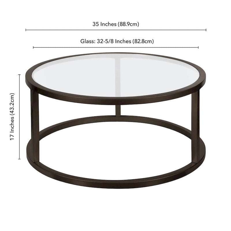 Table basse ronde avec plateau en verre trempé et cadre en acier finition laiton