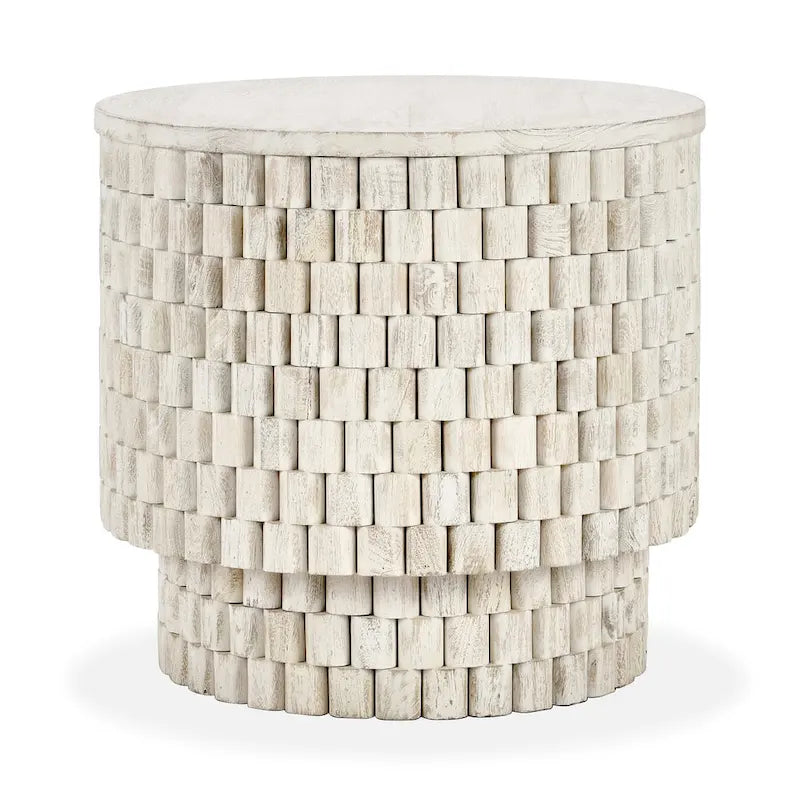 Table d'appoint ronde en bois de manguier sculpté marron, style tambour contemporain