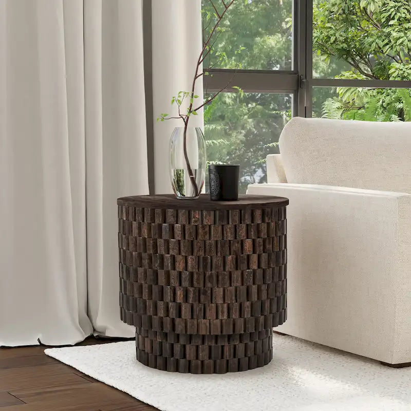 Table d'appoint ronde en bois de manguier sculpté marron, style tambour contemporain