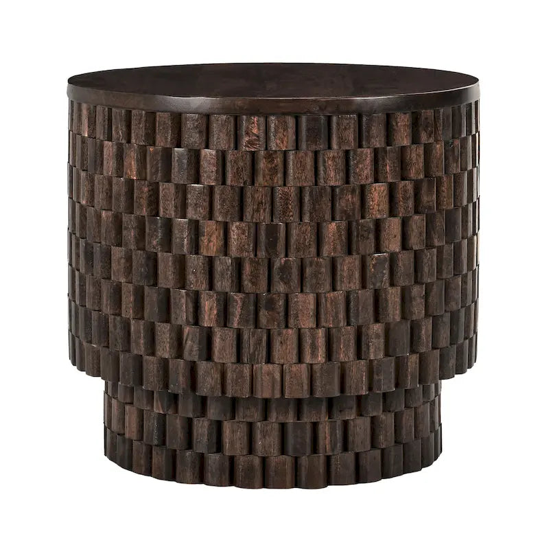 Table d'appoint ronde en bois de manguier sculpté marron, style tambour contemporain