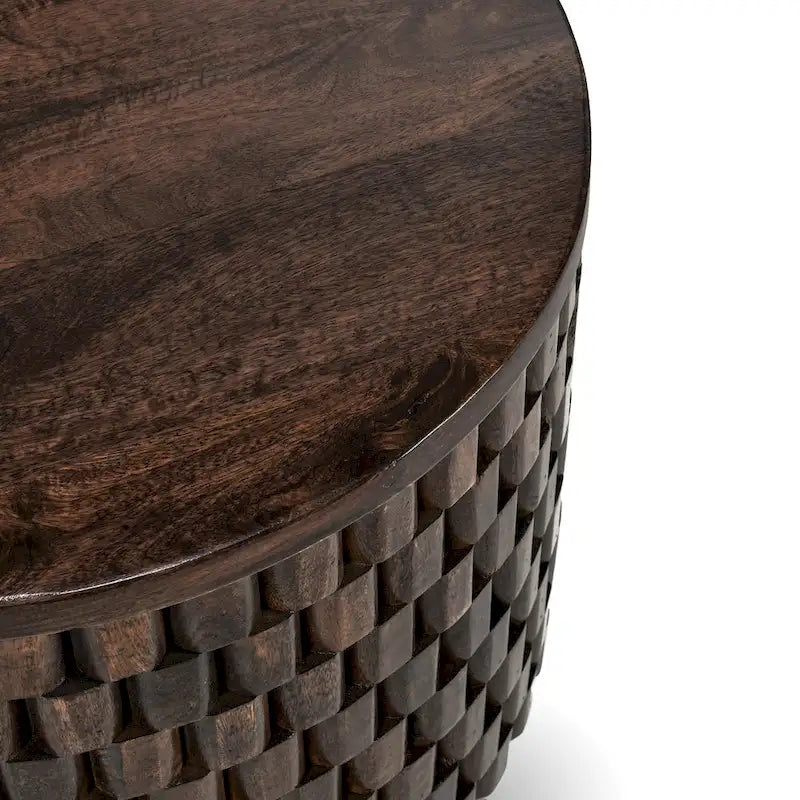 Table d'appoint ronde en bois de manguier sculpté marron, style tambour contemporain