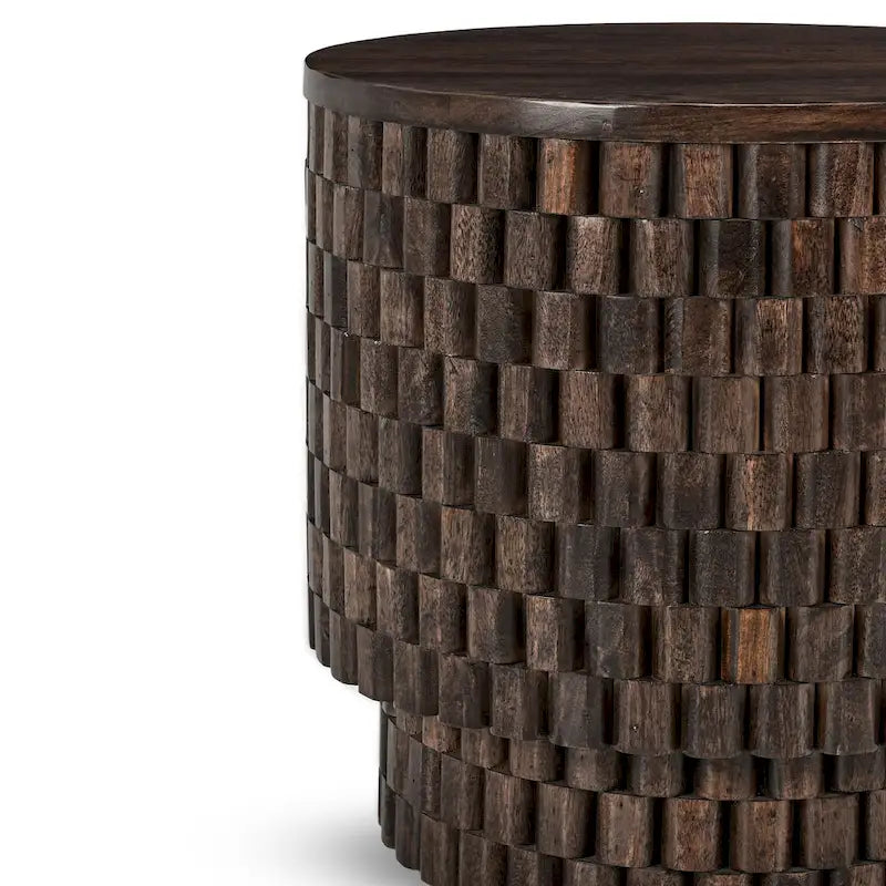 Table d'appoint ronde en bois de manguier sculpté marron, style tambour contemporain
