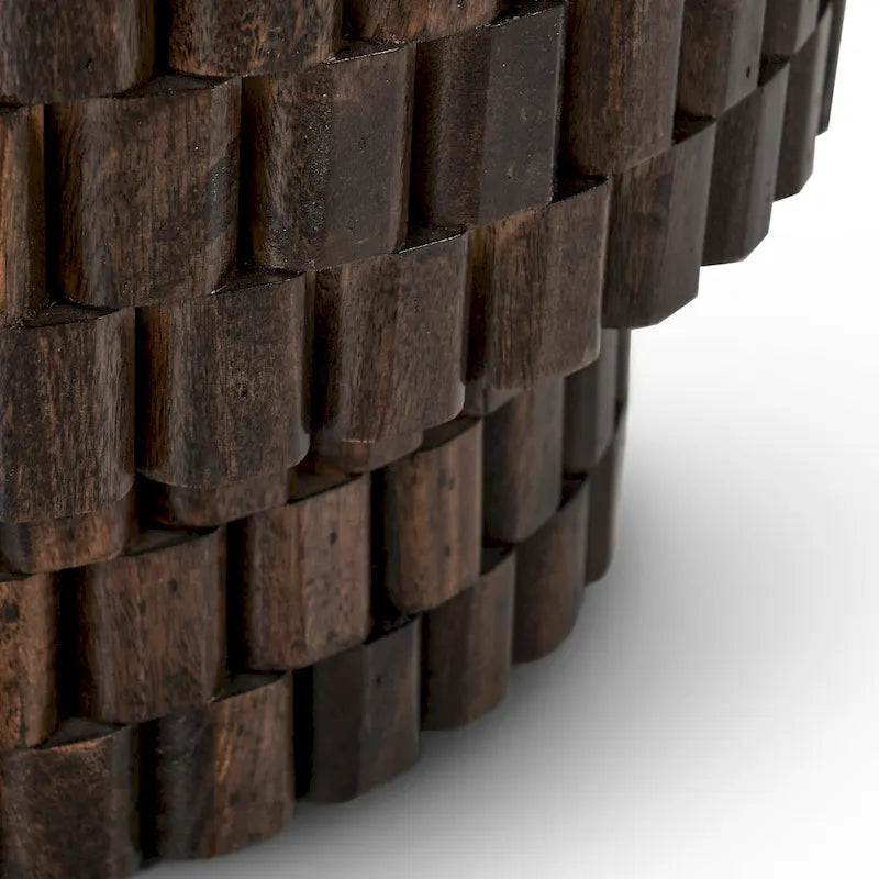 Table d'appoint ronde en bois de manguier sculpté marron, style tambour contemporain