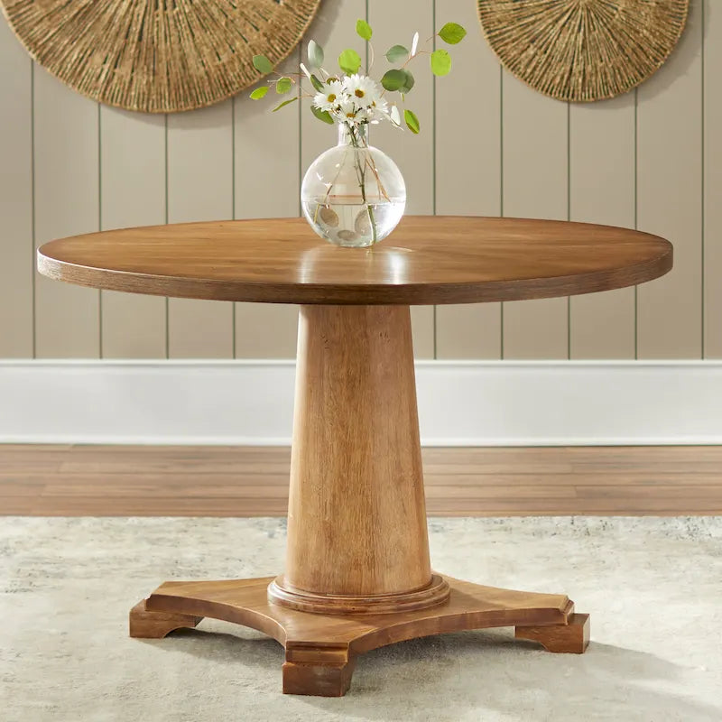 Table à manger piédestal en bois rond, finition rustique vintage vieillie