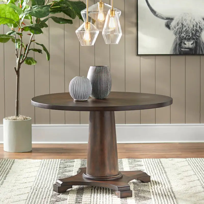 Table à manger piédestal en bois rond, finition rustique vintage vieillie