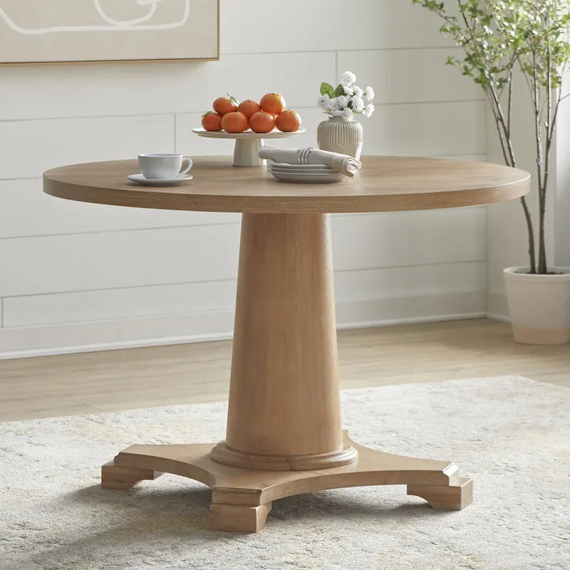 Table à manger piédestal en bois rond, finition rustique vintage vieillie