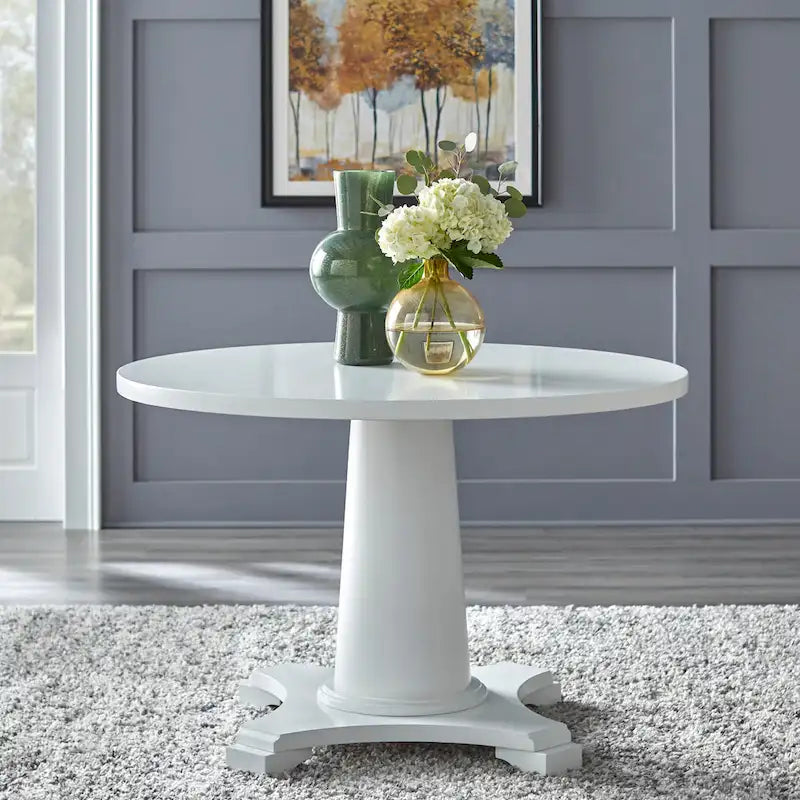Table à manger piédestal en bois rond, finition rustique vintage vieillie
