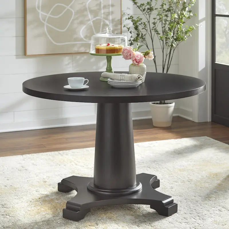 Table à manger piédestal en bois rond, finition rustique vintage vieillie