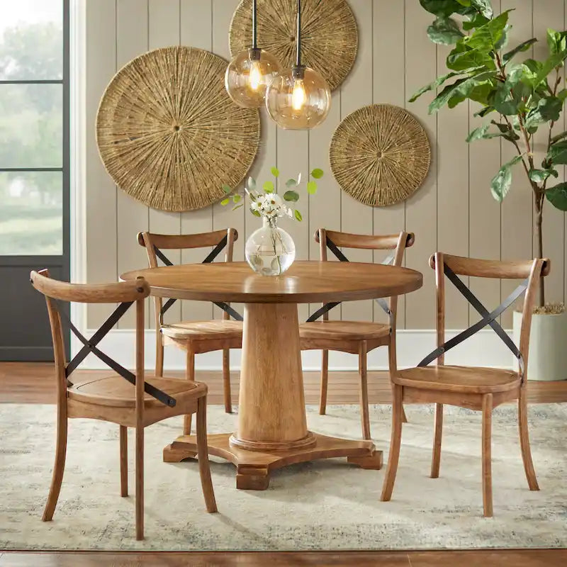 Table à manger piédestal en bois rond, finition rustique vintage vieillie