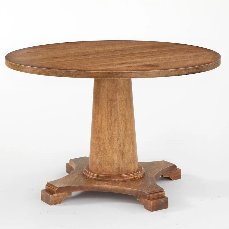 Table à manger piédestal en bois rond, finition rustique vintage vieillie