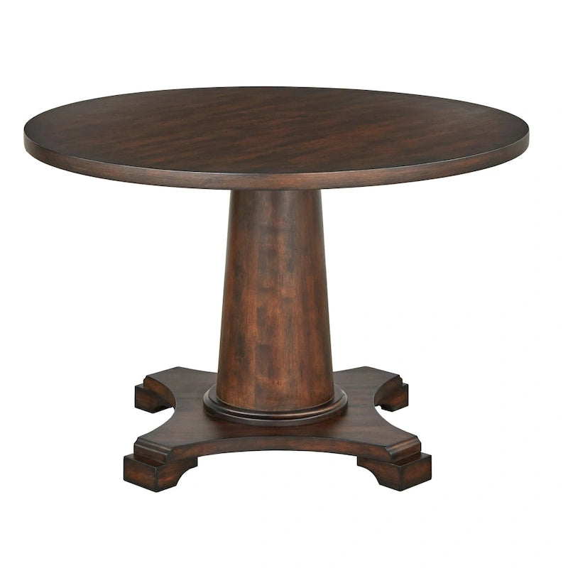 Table à manger piédestal en bois rond, finition rustique vintage vieillie