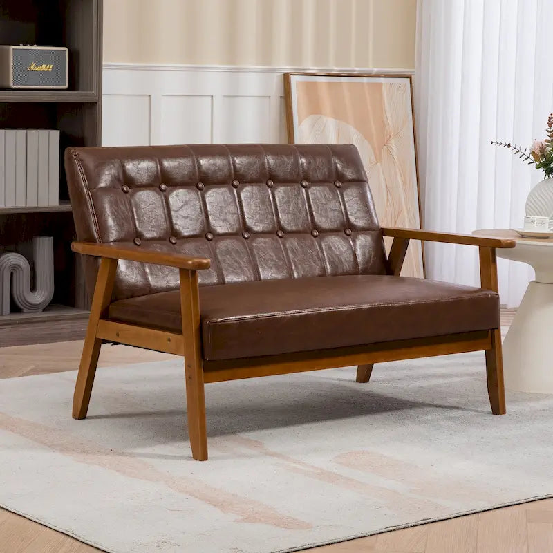 Causeuse capitonnée 2 places de style Mid-Century avec cadre en bois, similicuir et lin