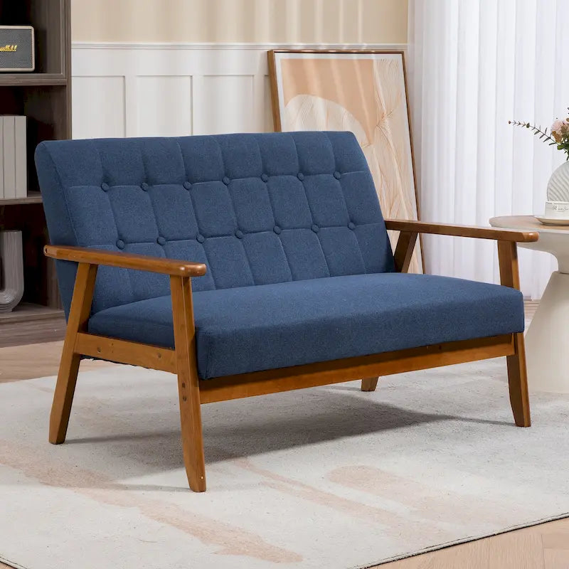 Causeuse capitonnée 2 places de style Mid-Century avec cadre en bois, similicuir et lin