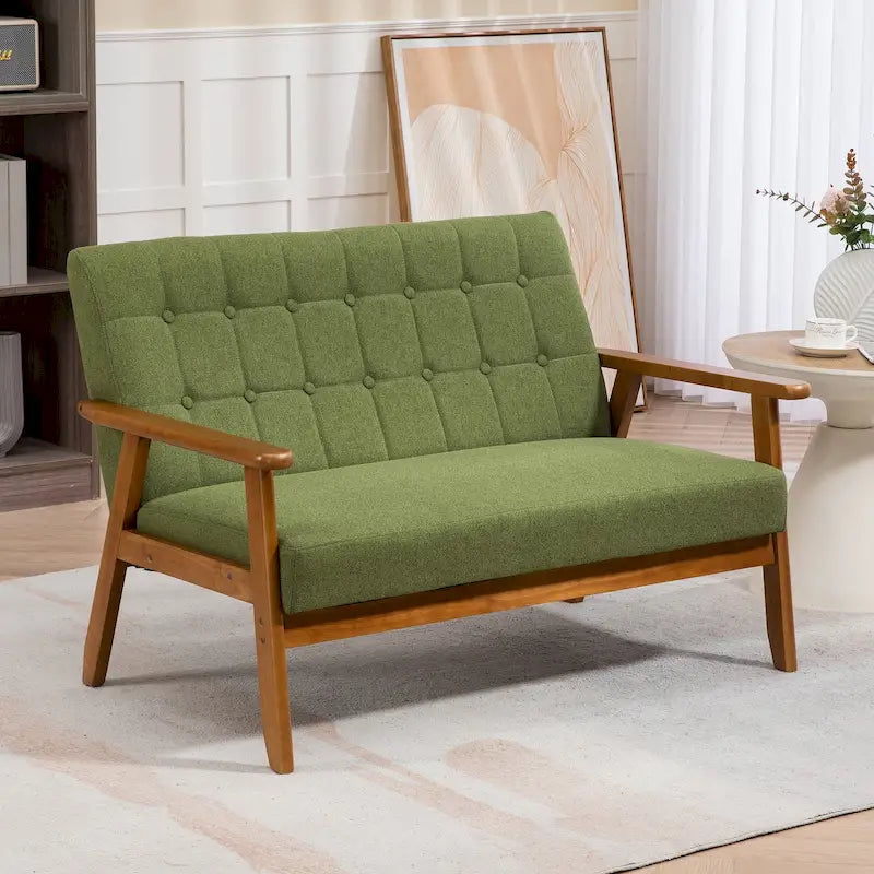 Causeuse capitonnée 2 places de style Mid-Century avec cadre en bois, similicuir et lin