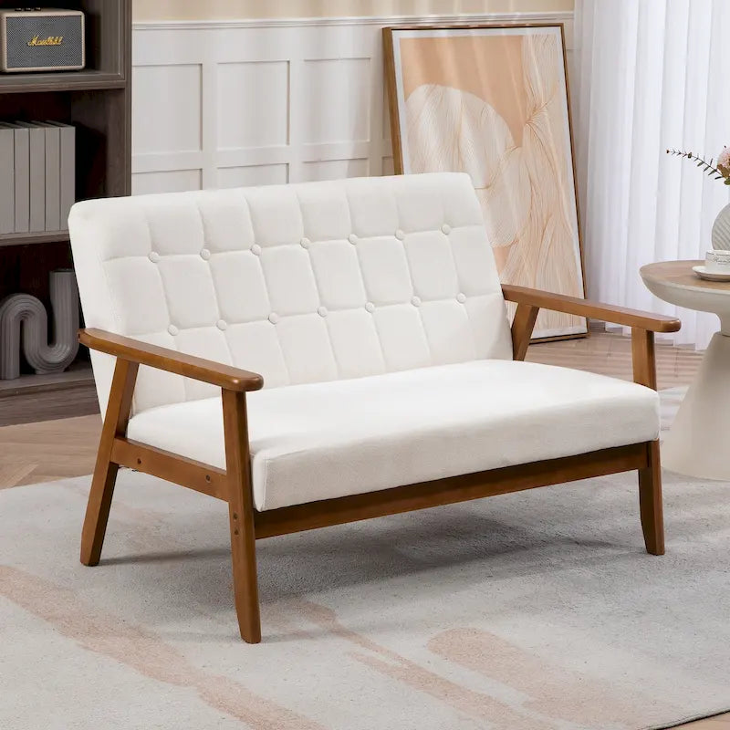 Causeuse capitonnée 2 places de style Mid-Century avec cadre en bois, similicuir et lin
