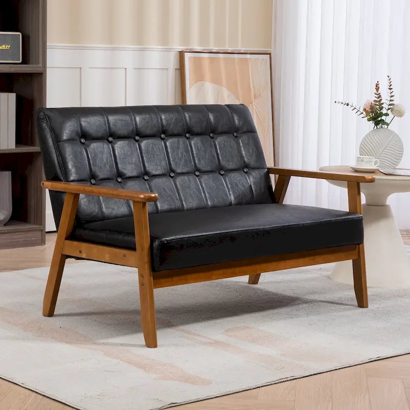 Causeuse capitonnée 2 places de style Mid-Century avec cadre en bois, similicuir et lin