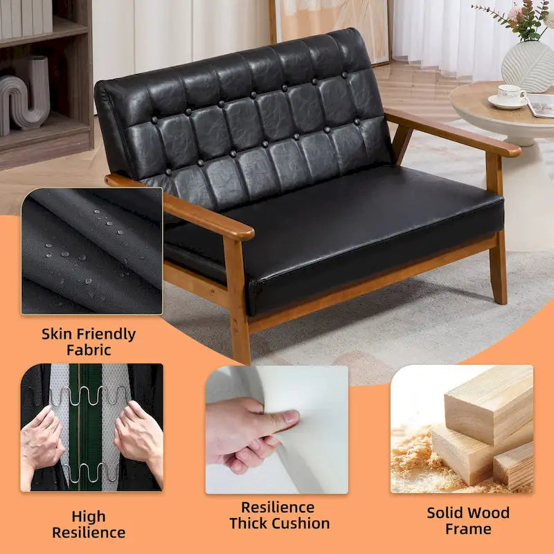 Causeuse capitonnée 2 places de style Mid-Century avec cadre en bois, similicuir et lin
