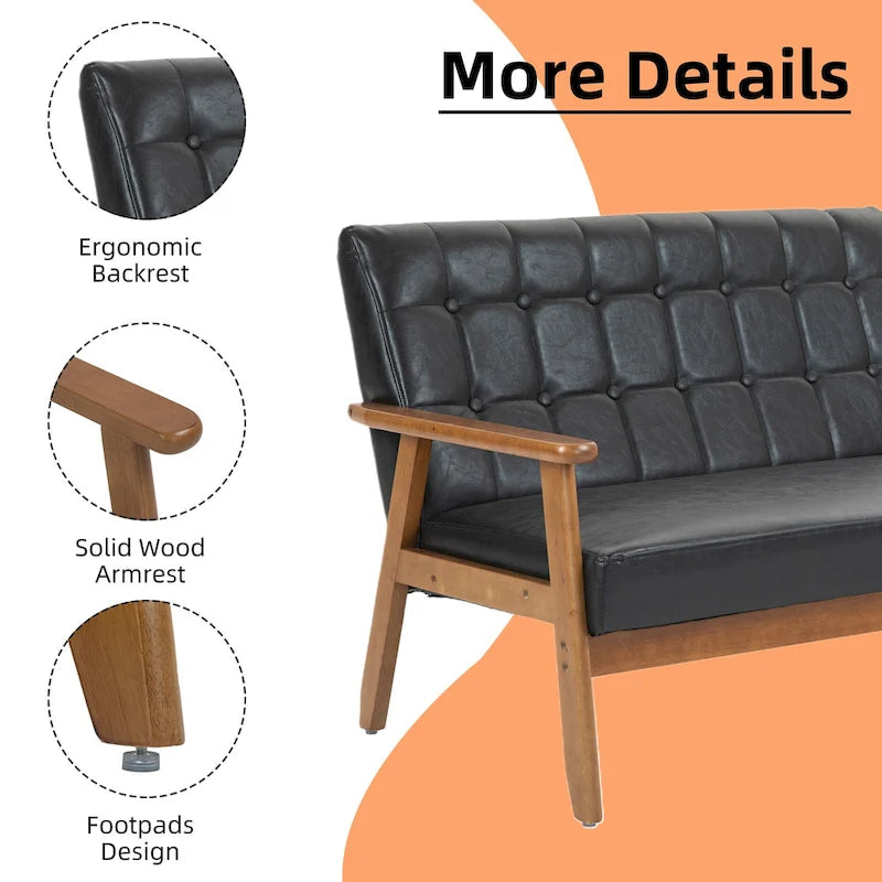 Causeuse capitonnée 2 places de style Mid-Century avec cadre en bois, similicuir et lin