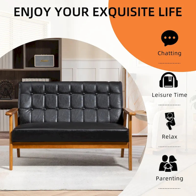 Causeuse capitonnée 2 places de style Mid-Century avec cadre en bois, similicuir et lin