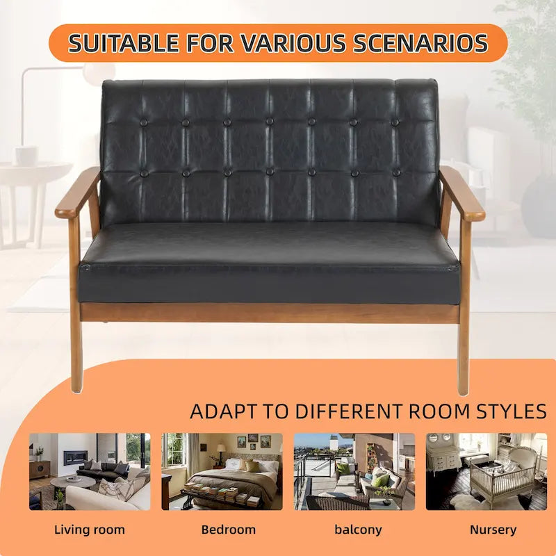 Causeuse capitonnée 2 places de style Mid-Century avec cadre en bois, similicuir et lin