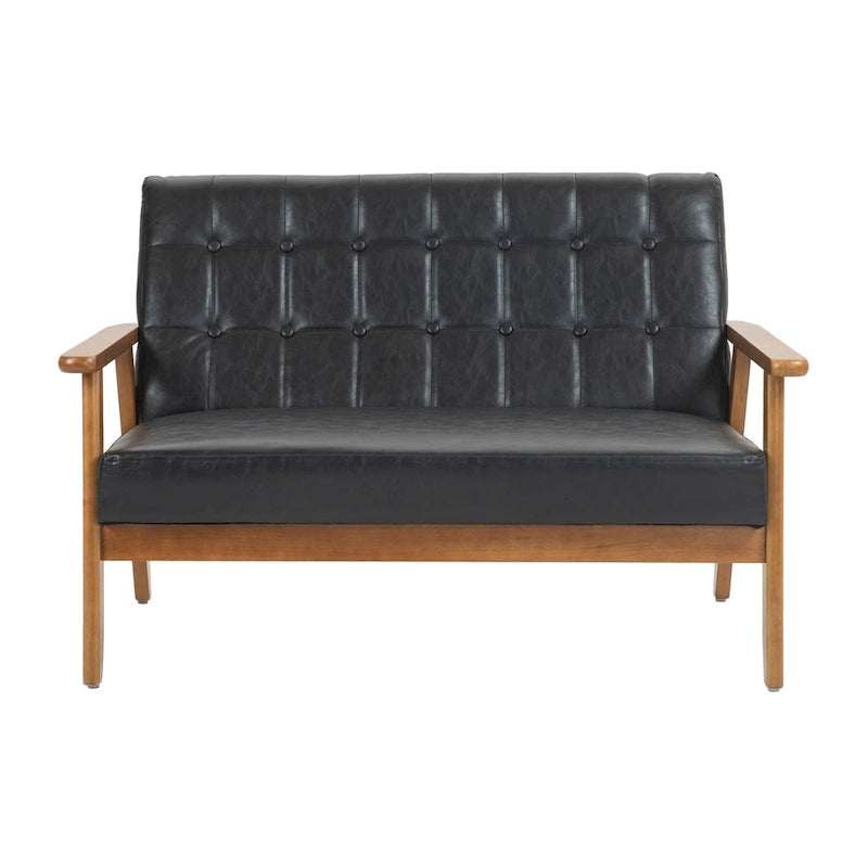 Causeuse capitonnée 2 places de style Mid-Century avec cadre en bois, similicuir et lin