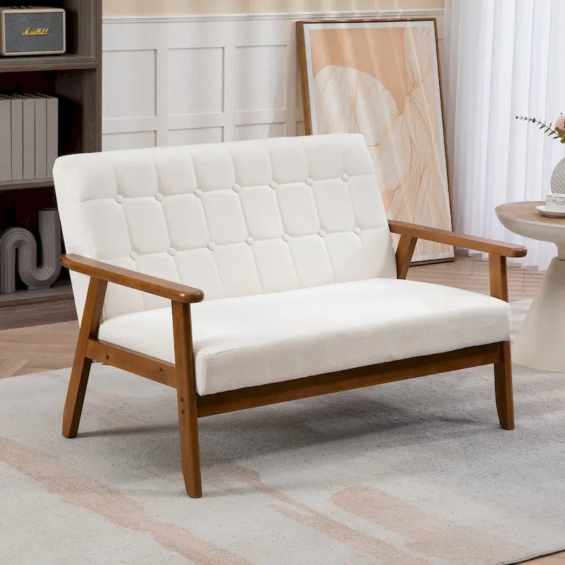 Causeuse capitonnée 2 places de style Mid-Century avec cadre en bois, similicuir et lin