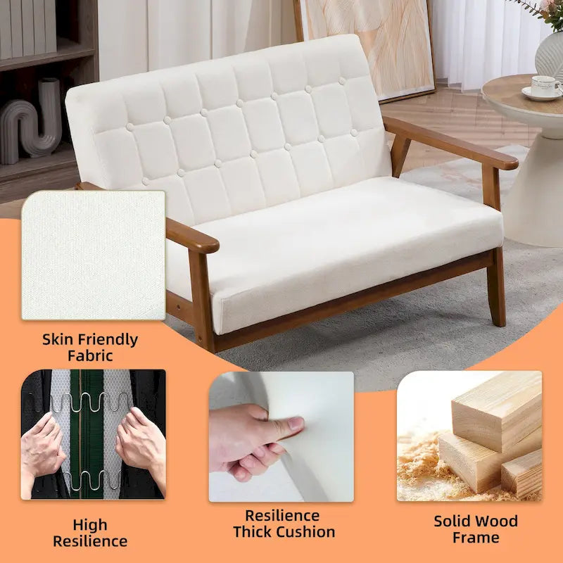 Causeuse capitonnée 2 places de style Mid-Century avec cadre en bois, similicuir et lin