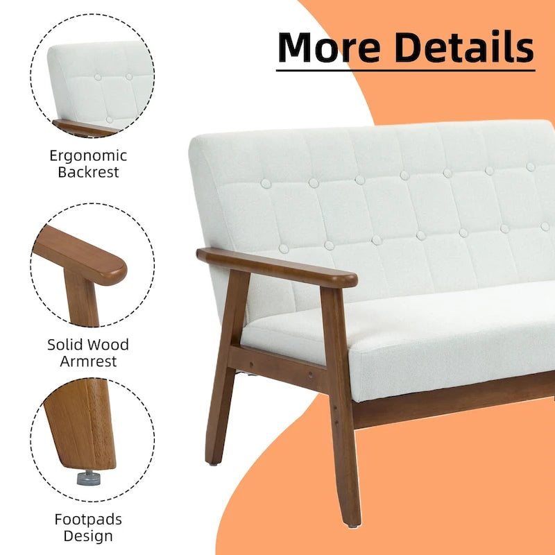 Causeuse capitonnée 2 places de style Mid-Century avec cadre en bois, similicuir et lin