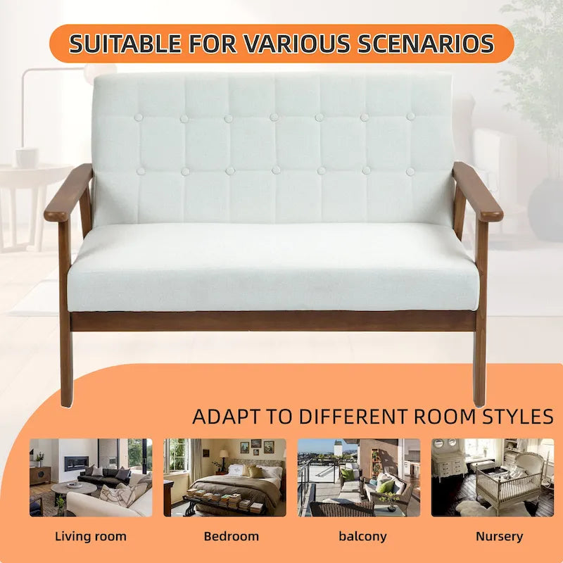 Causeuse capitonnée 2 places de style Mid-Century avec cadre en bois, similicuir et lin
