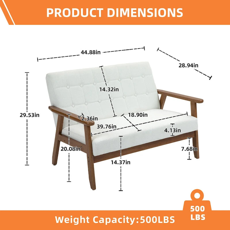 Causeuse capitonnée 2 places de style Mid-Century avec cadre en bois, similicuir et lin