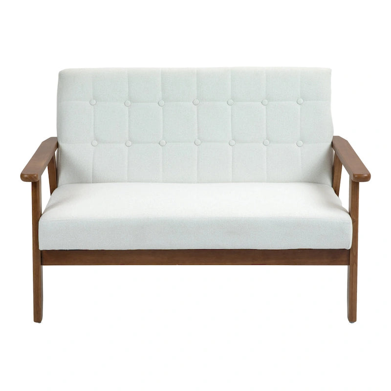 Causeuse capitonnée 2 places de style Mid-Century avec cadre en bois, similicuir et lin