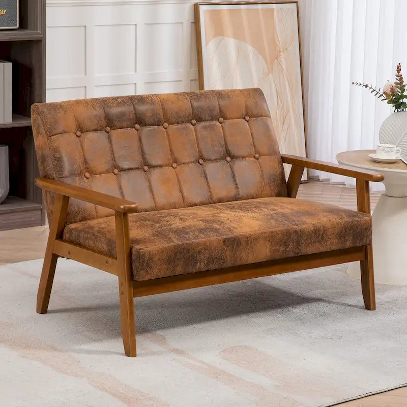 Causeuse capitonnée 2 places de style Mid-Century avec cadre en bois, similicuir et lin