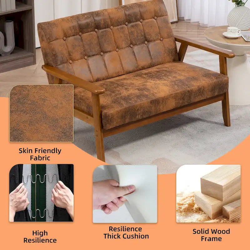 Causeuse capitonnée 2 places de style Mid-Century avec cadre en bois, similicuir et lin