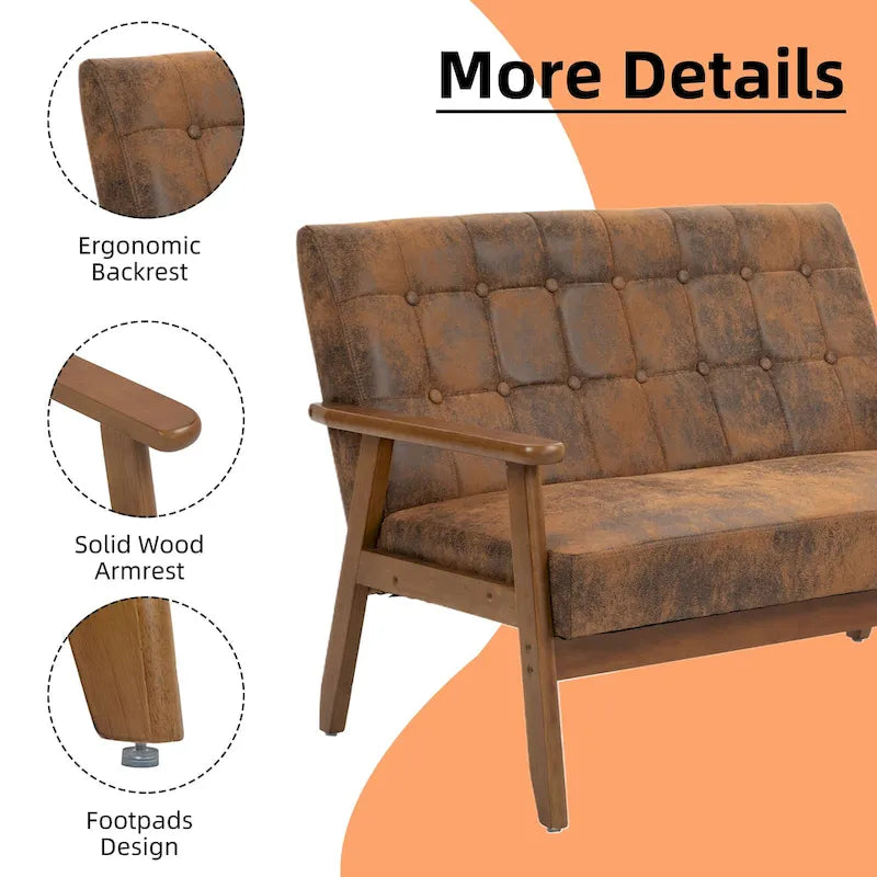 Causeuse capitonnée 2 places de style Mid-Century avec cadre en bois, similicuir et lin
