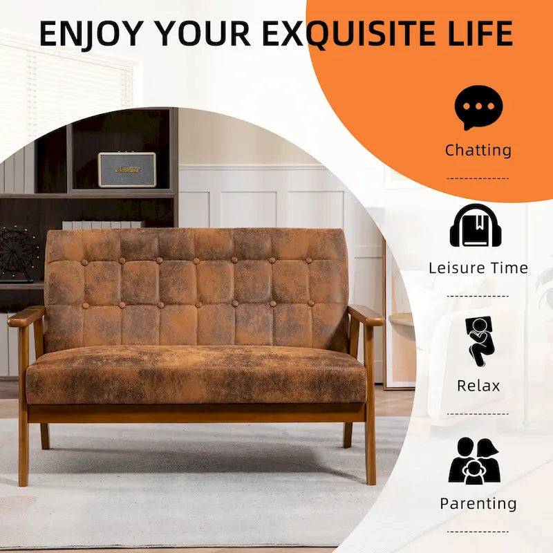 Causeuse capitonnée 2 places de style Mid-Century avec cadre en bois, similicuir et lin