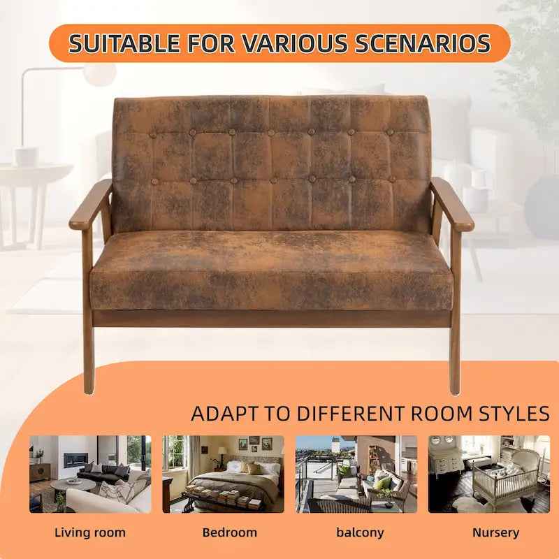 Causeuse capitonnée 2 places de style Mid-Century avec cadre en bois, similicuir et lin