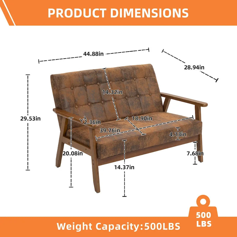 Causeuse capitonnée 2 places de style Mid-Century avec cadre en bois, similicuir et lin