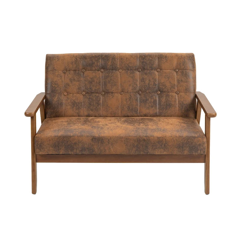 Causeuse capitonnée 2 places de style Mid-Century avec cadre en bois, similicuir et lin