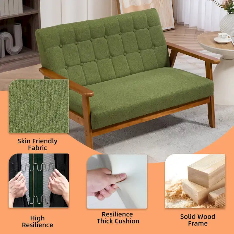 Causeuse capitonnée 2 places de style Mid-Century avec cadre en bois, similicuir et lin