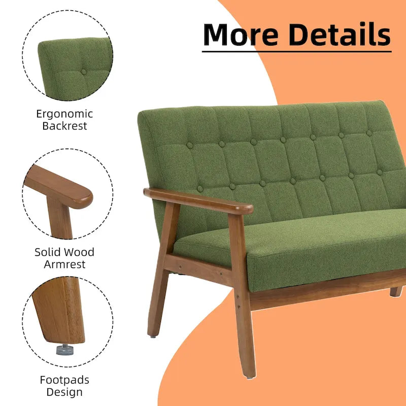 Causeuse capitonnée 2 places de style Mid-Century avec cadre en bois, similicuir et lin