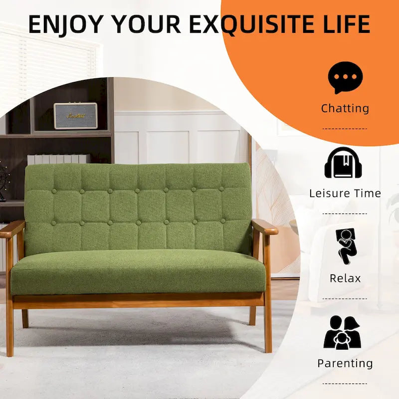Causeuse capitonnée 2 places de style Mid-Century avec cadre en bois, similicuir et lin
