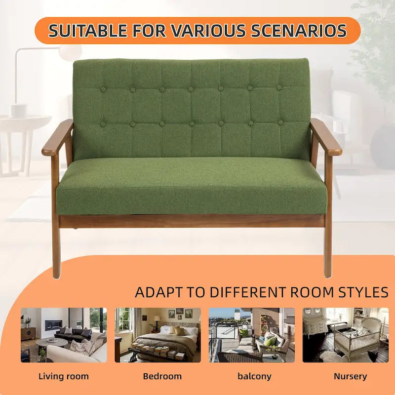Causeuse capitonnée 2 places de style Mid-Century avec cadre en bois, similicuir et lin