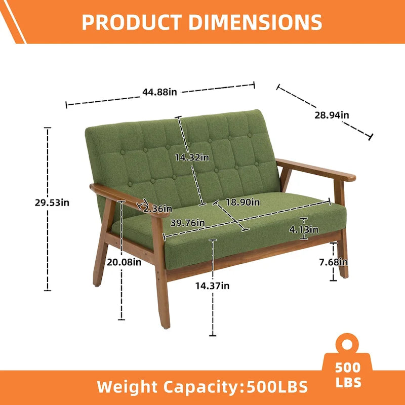 Causeuse capitonnée 2 places de style Mid-Century avec cadre en bois, similicuir et lin
