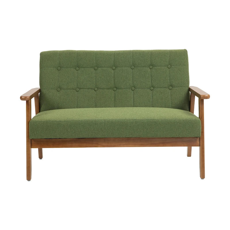 Causeuse capitonnée 2 places de style Mid-Century avec cadre en bois, similicuir et lin