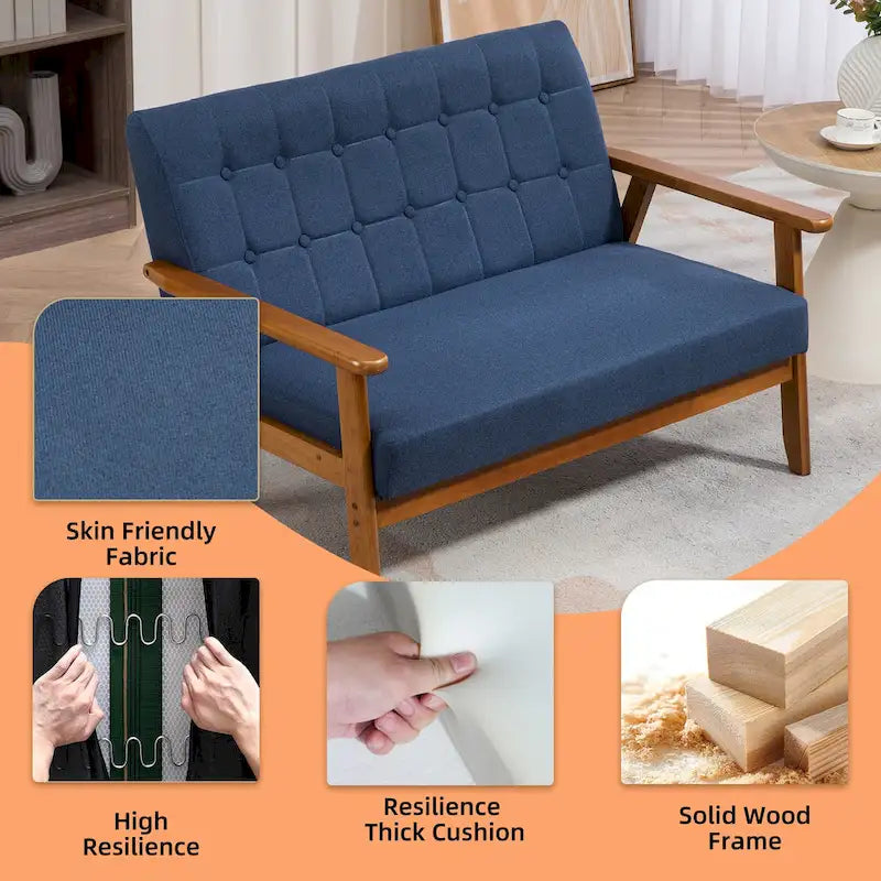 Causeuse capitonnée 2 places de style Mid-Century avec cadre en bois, similicuir et lin