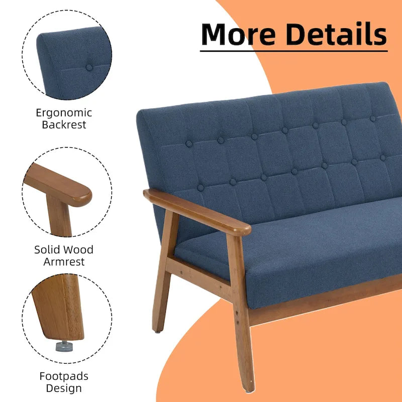 Causeuse capitonnée 2 places de style Mid-Century avec cadre en bois, similicuir et lin